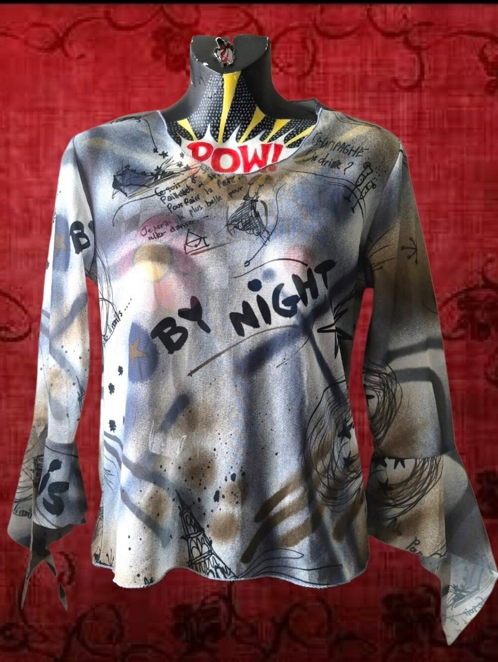 Y2k Paris By Night Sheer Print Witchy Sleeve Euro Fashion Top